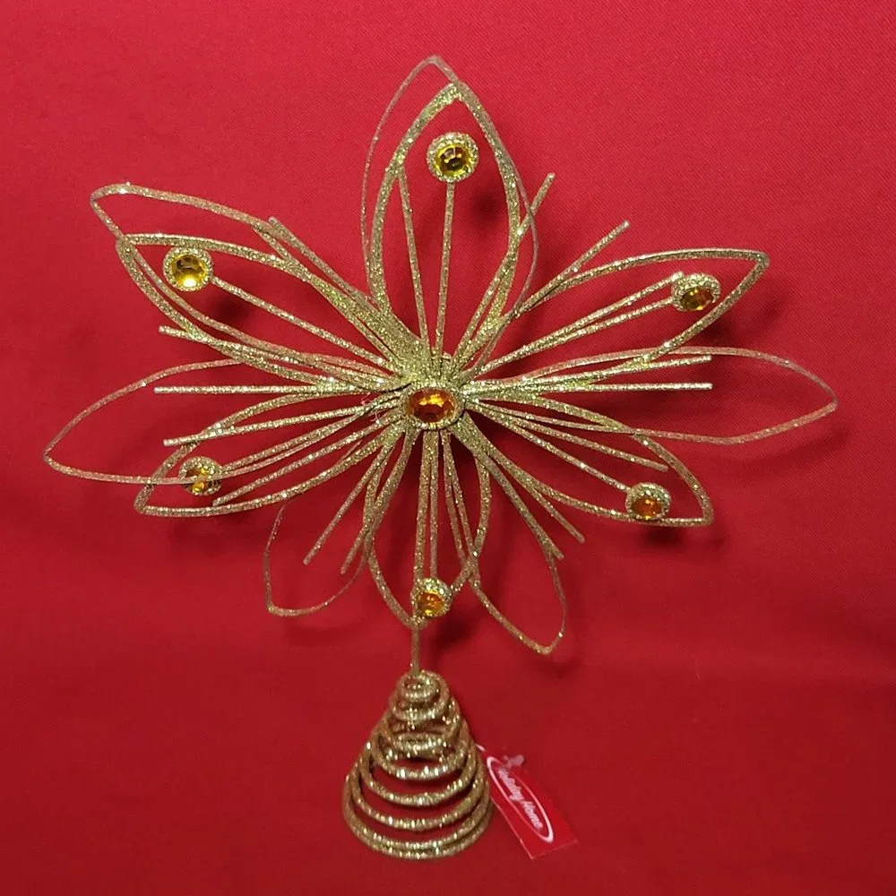 Holiday Home Jewel Flower Tree Topper Gold Glitter Sparkling Metal Wire Star Flo